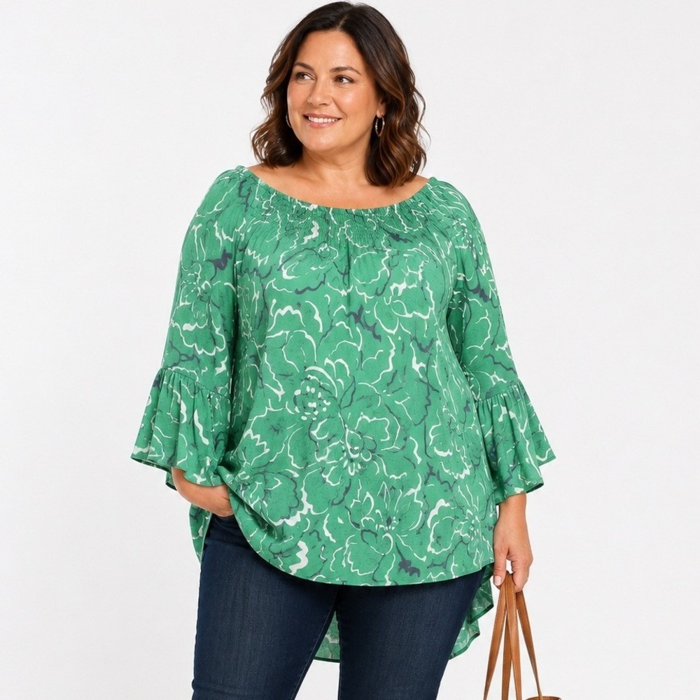 Zac & Rachel Floral Tropical‎ Flare Bell Sleeve Pullover High Low Blouse Size 2X